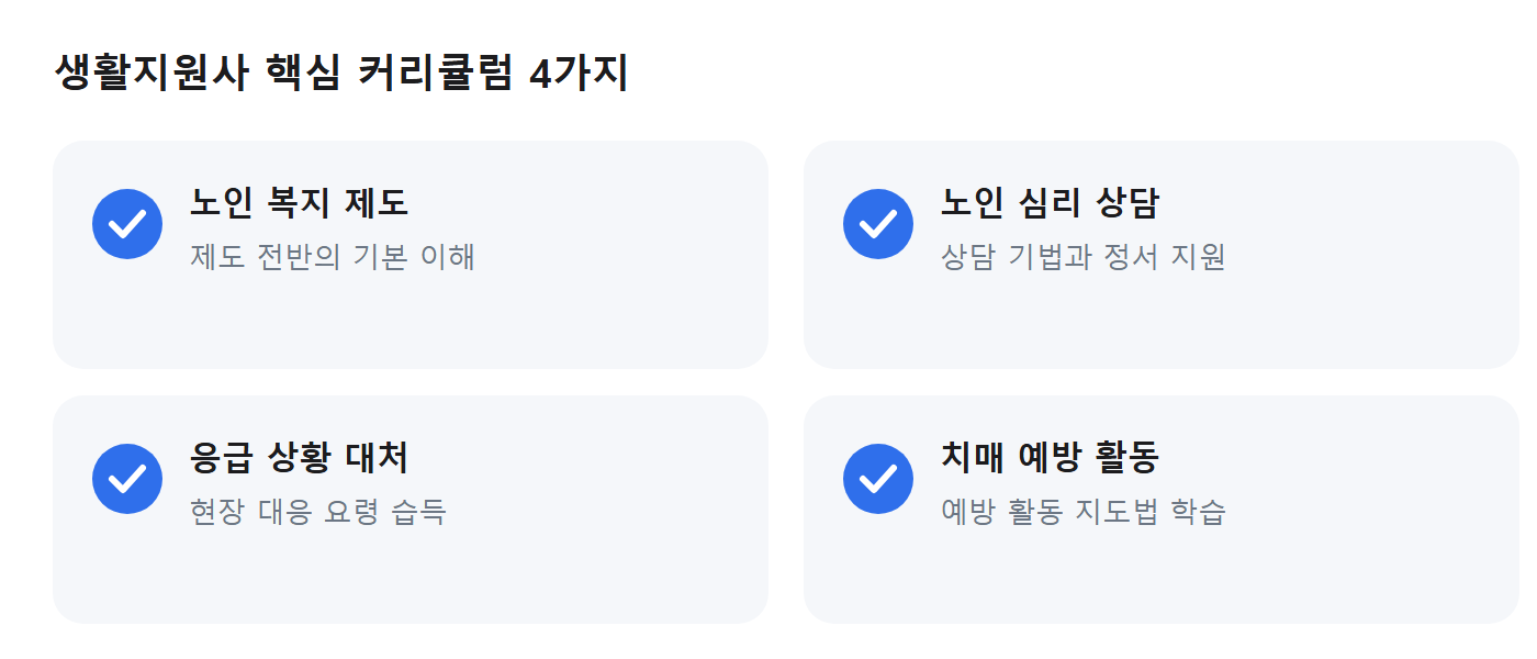 생활지원사 핵심 커리큘럼 4가지: 노인 복지 제도·노인 심리 상담·응급 상황 대처·치매 예방 활동