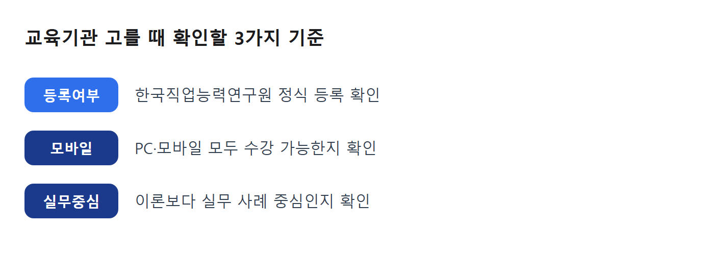 교육기관 고를 때 확인할 3가지 기준: 등록여부·모바일·실무중심