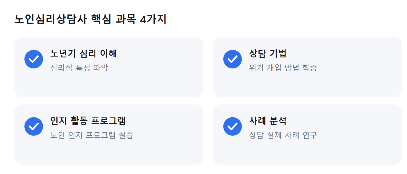 노인심리상담사 핵심 과목 4가지: 노년기 심리 이해·상담 기법·인지 활동 프로그램·사례 분석